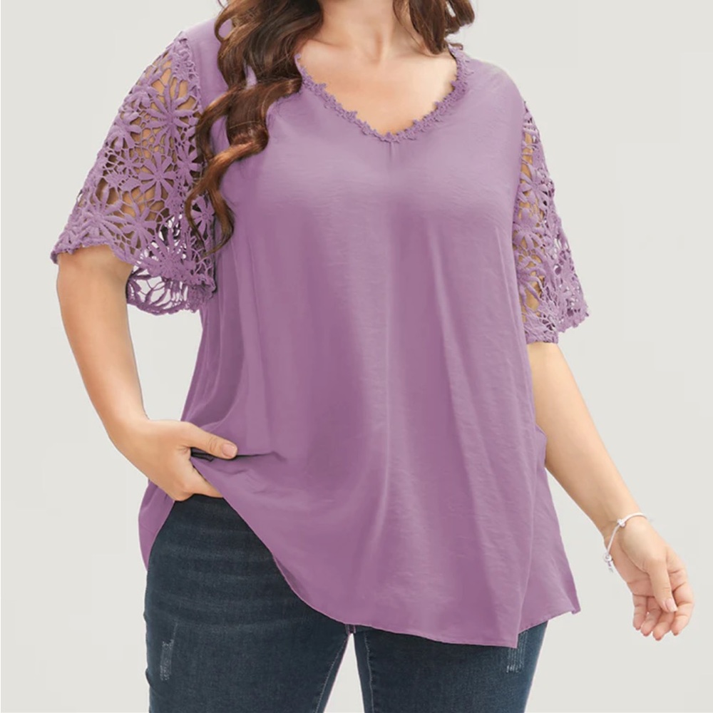 Plain V Neck Floral Patchwork Blouse